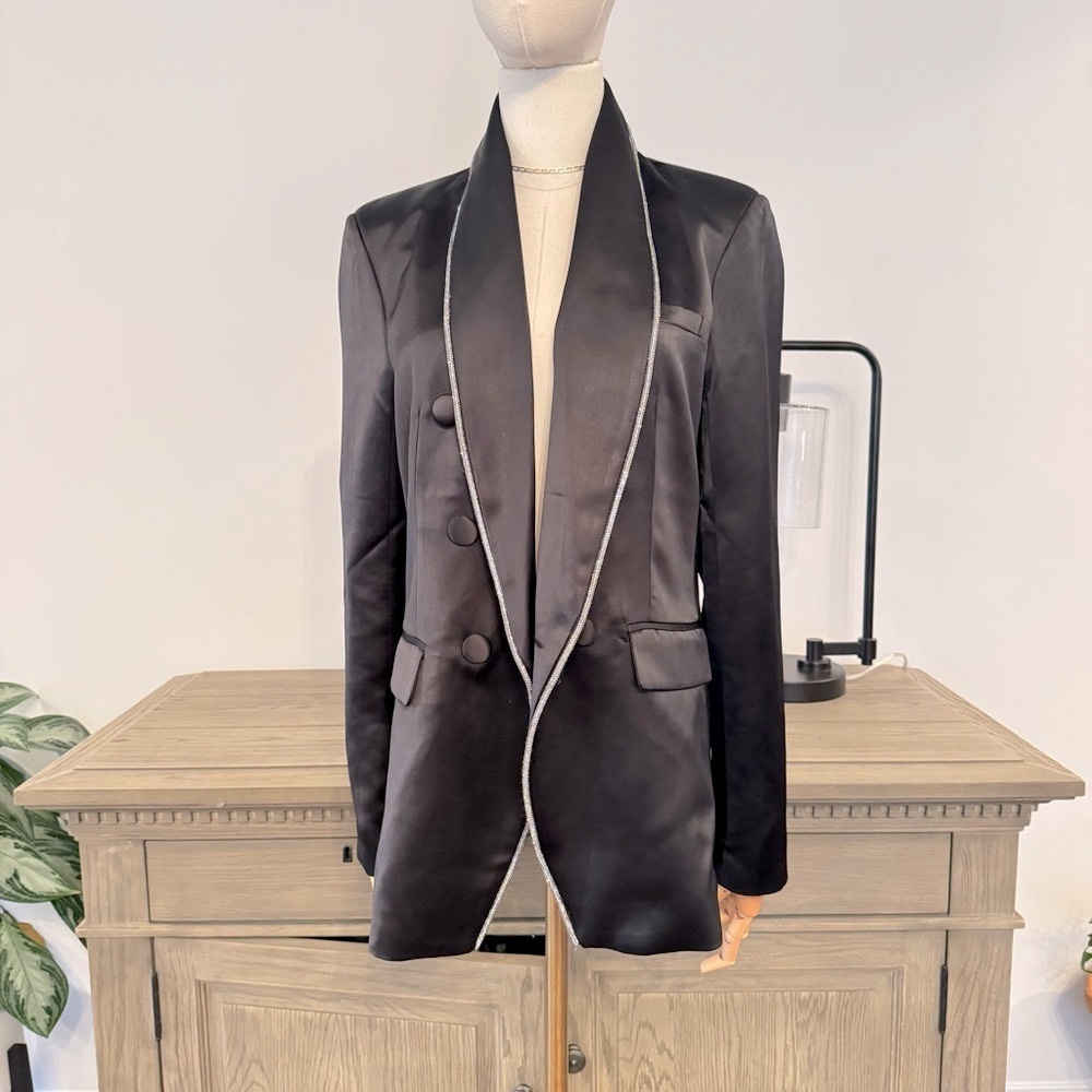 NWT | Jason Wu Rhinestone Embellished Trim Black Satin Jacket | Size Sma…